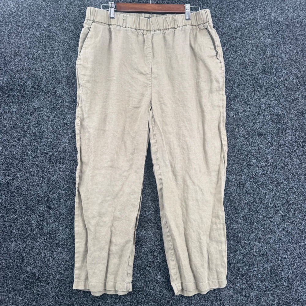 Quince 100% European Linen Straight Leg Pants Tan Khaki Elastic Waist Womens L